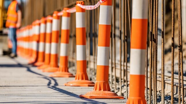 Orange and white traffic delineators standing in row at construction site near metal rebar