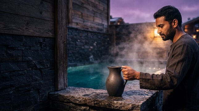 Indian man holding a ceramic pitcher by a steaming outdoor hot spring pool at dusk in a luxury mountain spa resort