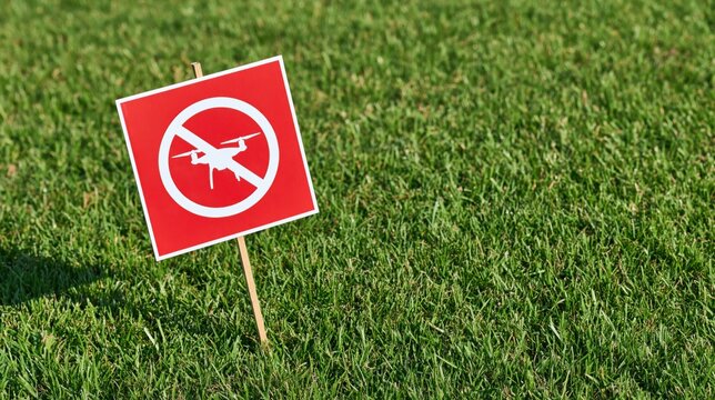 Red sign with white drone prohibition symbol placed on green grass lawn