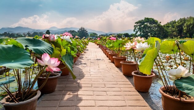 beautiful lotus flowers in pots planted along the walkway