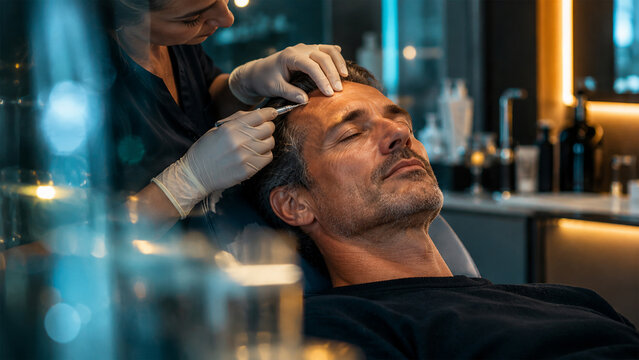 Middle aged man receiving hair restoration treatment with cosmetic injections along receding hairline, female specialist performing hair loss procedure in modern aesthetic clinic