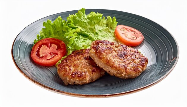 pork cutlets with salad and slices of tomato isolated on white background