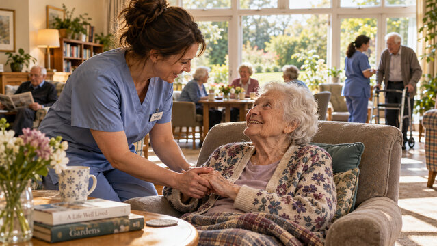 Smiling female caregiver holding hands with happy elderly woman in a bright nursing home, compassionate senior care and emotional support in a welcoming assisted living community