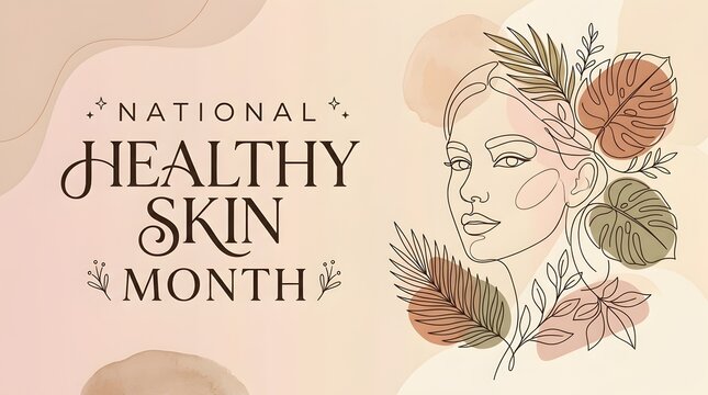 National Healthy Skin Month illustration with floral wreath and woman portrait