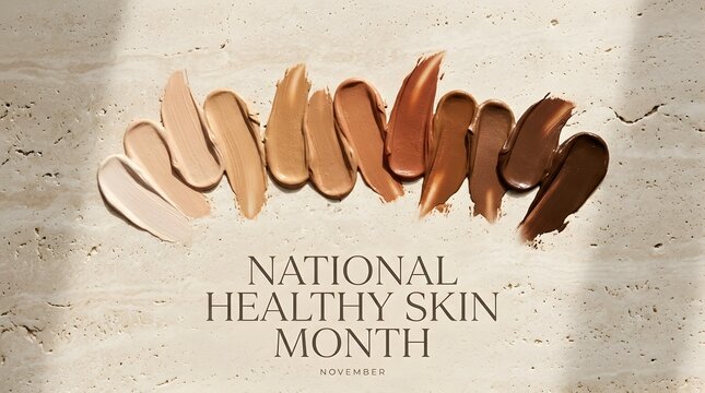 National Healthy Skin Month foundation swatches arranged on concrete background