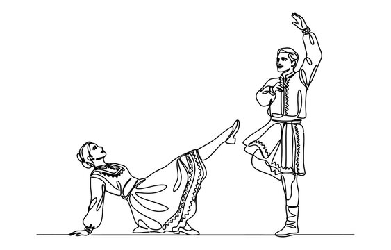 A man and woman in traditional folk costumes dancing a lively ethnic dance together in a simple line art illustration isolated on transparent background