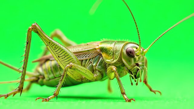 Macro shot of a green cricket insect moving its antennae and crawling slowly across a bright green screen background