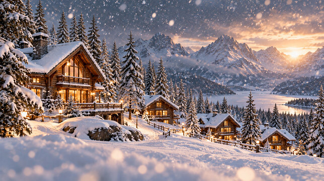 Cozy wooden alpine chalets glowing with warm lights during snowfall in a snowy mountain village at sunset, surrounded by pine forests, frozen lake and majestic peaks in a magical winter landscape