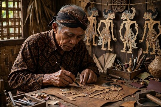 Elderly Javanese craftsman making traditional wayang kulit leather puppet in workshop, generative ai