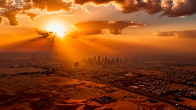 epic drone shot of riyadh city and surrounding desert