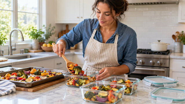 Woman storing leftover vegetables in reusable glass containers