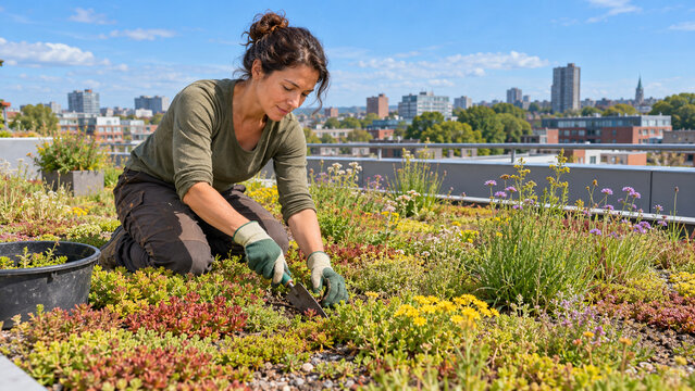 Gardener maintaining a flowering green roof in the city
