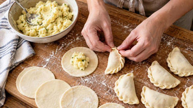 Hands shaping traditional varenyky dumplings on a floured board