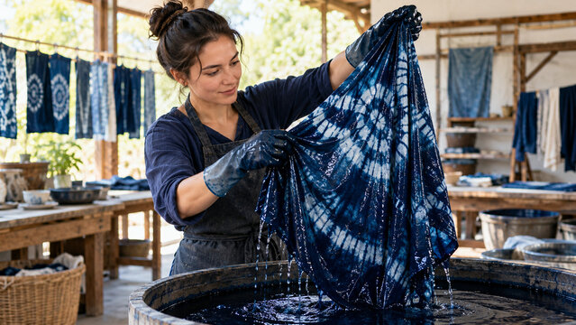 Artisan lifting indigo dyed cloth above a workshop vat