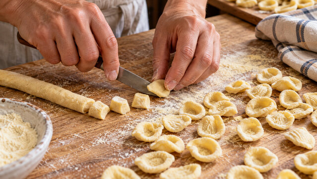Hands shaping fresh orecchiette pasta on a wooden board