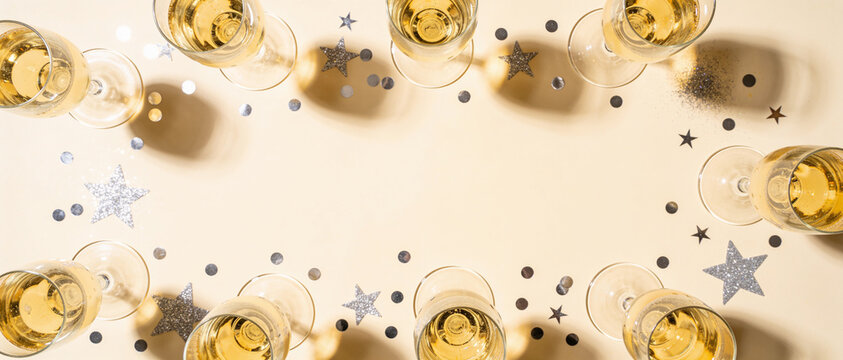 Top view of champagne coupes filled with golden beverage arranged in a festive circle with silver stars and confetti on a beige background featuring