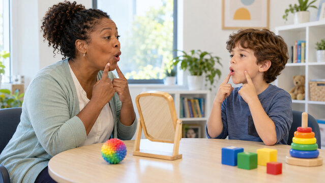 Speech therapist guiding a child through a gentle exercise