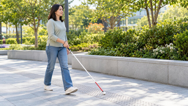 Woman using a white cane on an accessible walkway