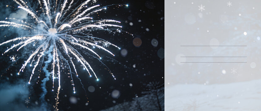 Blue firework exploding in night sky with falling snow against white background template layout