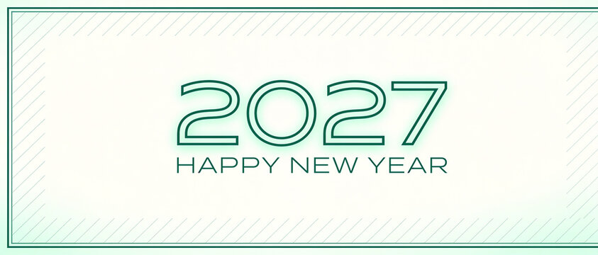 Minimalist 2027 happy new year banner with teal typography on a white background