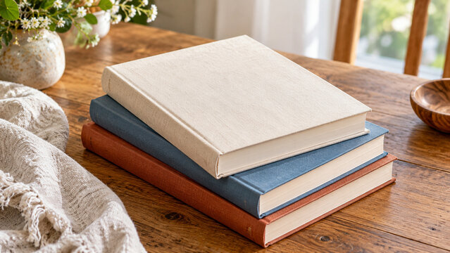 Blank hardcover books stacked on a warm wooden table