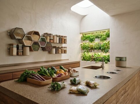 Modern indoor kitchen with fresh vegetables and a bright herb garden