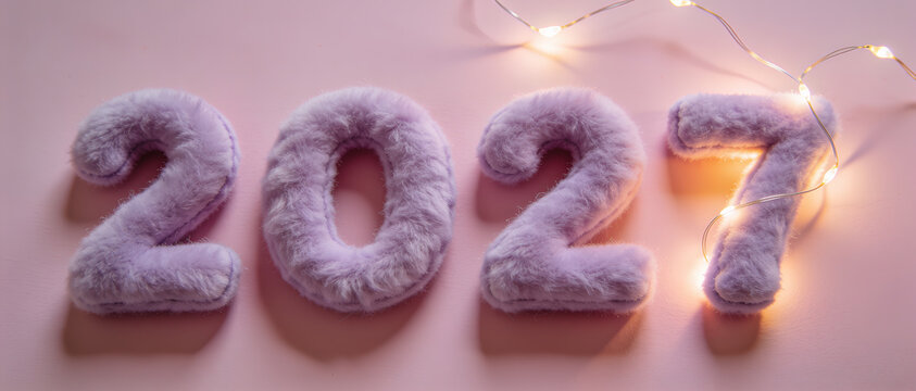 Fluffy lavender numbers spelling 2027 with glowing fairy lights on a pink background with white copy space below.