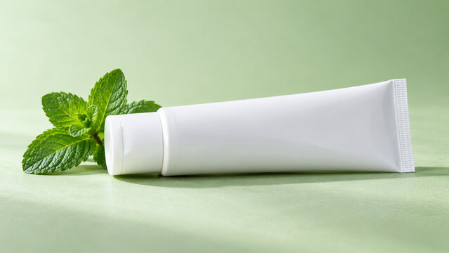 Blank white toothpaste tube beside fresh mint leaves