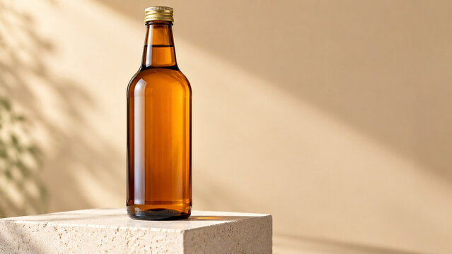 Blank amber beverage bottle on a pale concrete pedestal