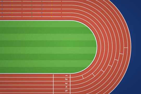 Running track top view with parallel lanes and finish line in red, green and blue