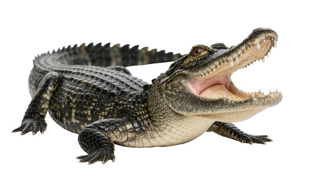 American alligator with open mouth and sharp teeth, isolated on transparent background