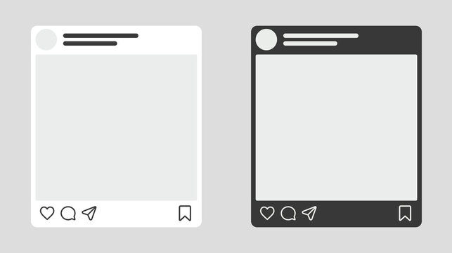 Social media post template mockup light and dark theme vector illustration blank photo frame layout interface with heart comment share icons