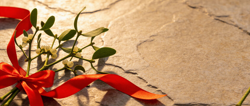 Mistletoe sprig with white berries and a red ribbon bow lying on a beige stone surface in warm sunlight.