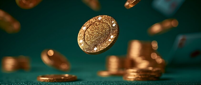 Dynamic scene of falling gold coins on green felt