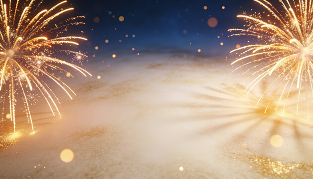 Golden fireworks exploding in the night sky over a hazy landscape with copy space