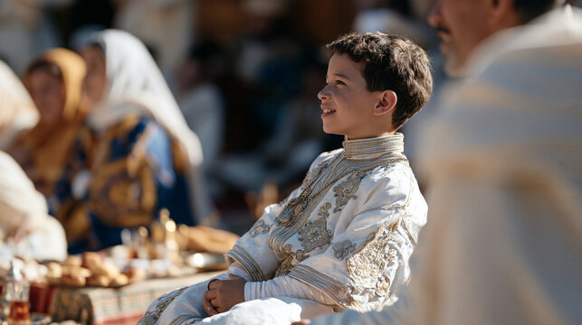A traditional Moroccan circumcision celebration, a young boy wearing a richly embroidered white ceremonial outfit sitting proudly beside his parents, relatives dressed in colorful