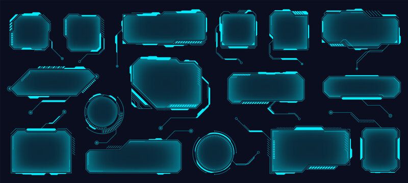 Futuristic UI callout titles and HUD frames set. Glowing cyan digital user interface elements, sci-fi information boxes, cyber tech borders, banner callout frames. Futuristic GUI design vector 
