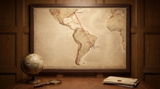 Vintage map of South America on wooden wall connected with red string pins