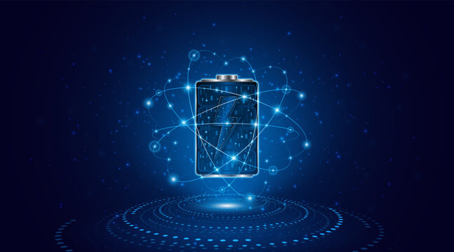 High-tech digital battery icon with energy lightning bolt on futuristic blue background. Innovative fast charging and renewable energy storage technology concept.