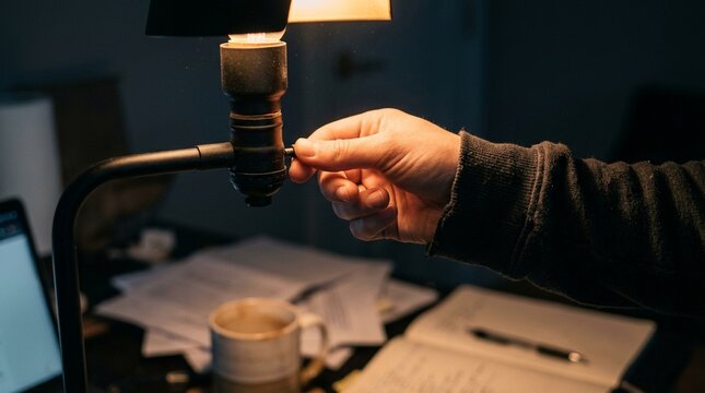 Hand turning off desk lamp at end of long night, overtime, late shift and finishing work concept