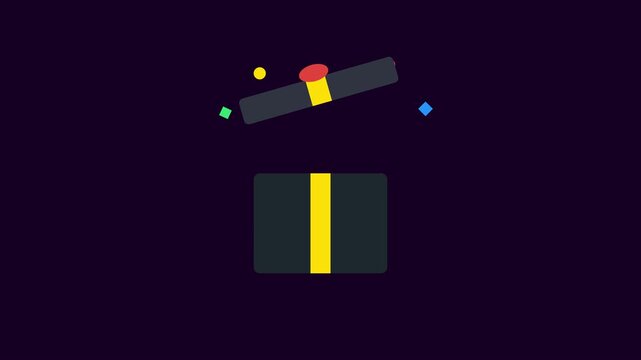 Minimalist open gift box animation with ribbon and confetti explosion surprise mystery reward unboxing motion graphics video