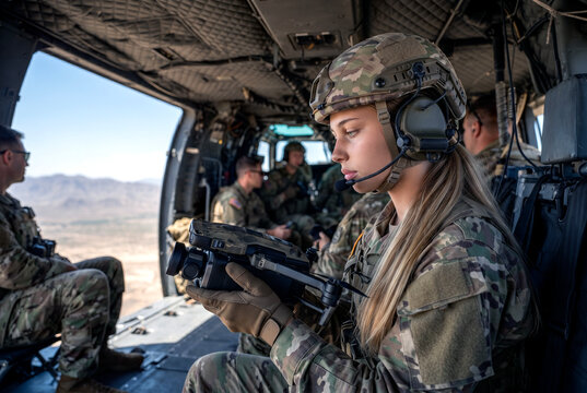 Female soldier operate drone inside military helicopter