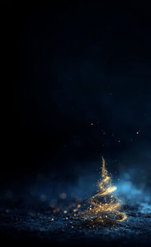 Sapin de No&euml;l stylis&eacute; en lumi&egrave;re dor&eacute;e et particules scintillantes sur fond bleu nuit, ambiance f&eacute;erique, hiver, d&eacute;cembre, f&ecirc;tes de fin d&rsquo;ann&eacute;e, espace n&eacute;gatif copyspace