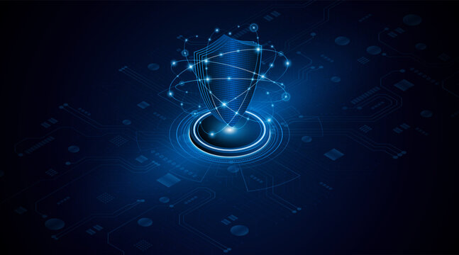 3D isometric shield icon representing internet security and firewall. Blue glowing technological background for cyber crime prevention.