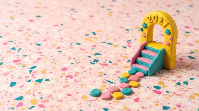 2027 business planning template with handmade colorful clay stepping stones leading up to an archway featuring the year number on a pink textured terrazzo background for presentation