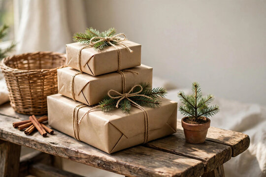 Stacked kraft Christmas gifts with pine sprigs and twine on wood