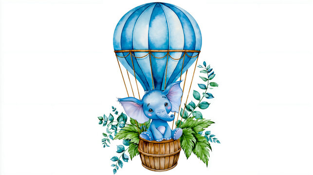 A blue elephant with large ears is sitting in a basket surrounded by green leaves and a blue balloon