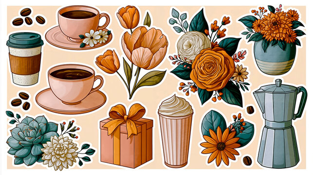 A colorful illustration featuring various items such as coffee cups flowers and a gift box all arranged in a grid pattern