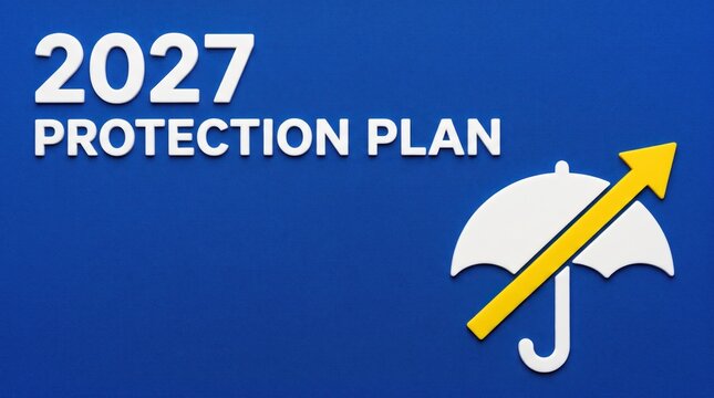 2027 protection plan concept featuring a white umbrella with a rising yellow arrow and wooden numbers set against a solid blue background with copy space for insurance presentation banner cover
