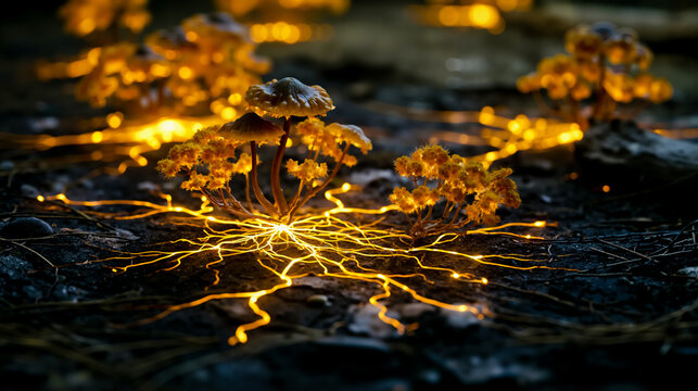 A close-up photograph of a plant with yellow flowers surrounded by a network of glowing golden lines that resemble roots or tendrils set against a dark background